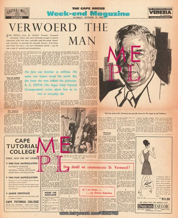 : 1966 Cape Argus Assassination of Dr Verwoerd : 1966 Cape Argus Assassination of Dr Verwoerd