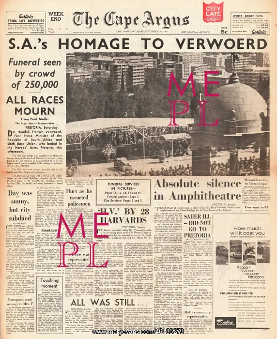 : 1966 Cape Argus Funeral of Dr Verwoerd : 1966 Cape Argus Funeral of Dr Verwoerd