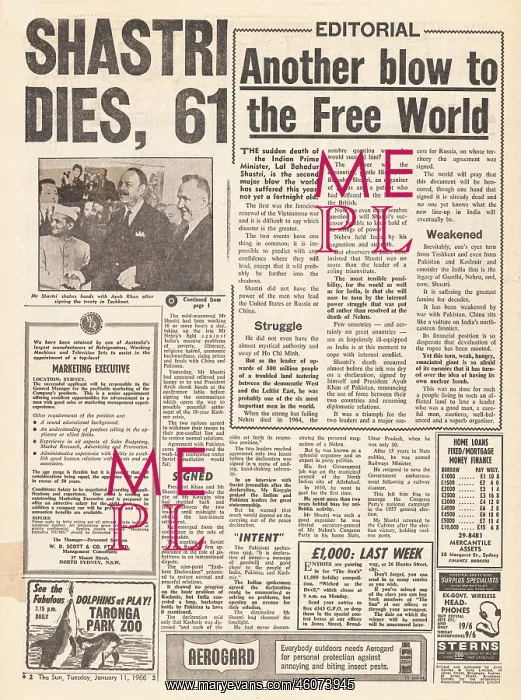 : 1966 The Sun (Sydney) Death of Indian PM : 1966 The Sun (Sydney) Death of Indian PM