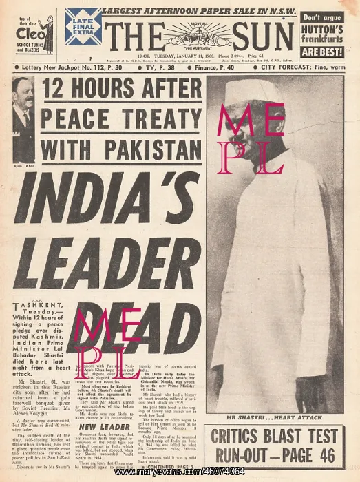 : 1966 The Sun (Sydney) Death of Indian PM : 1966 The Sun (Sydney) Death of Indian PM