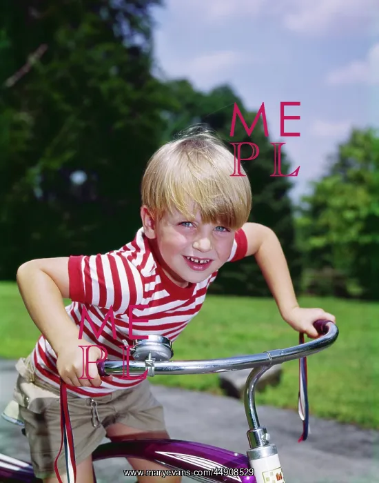 : 1970s 1960s Smiling Blond Boy Leaning Over Handlebars Of Bic : 1970s 1960s Smiling Blond Boy Leaning Over Handlebars Of Bic