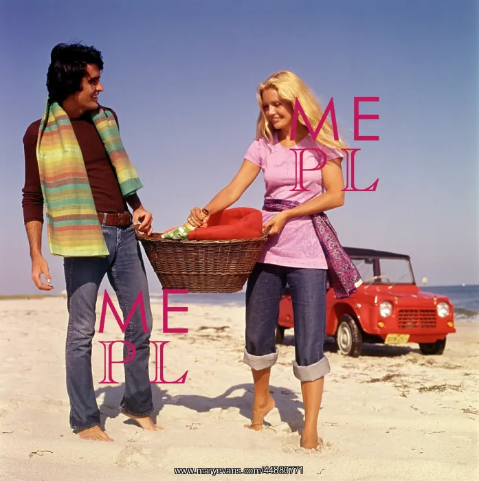  : 1970s Couple Beach Carry Picnic