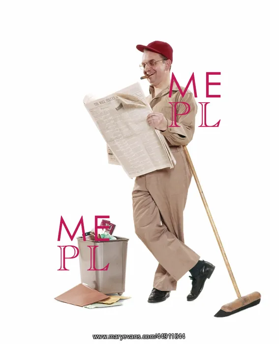 : 1970s janitor maintenance man leaning on broom : 1970s janitor maintenance man leaning on broom