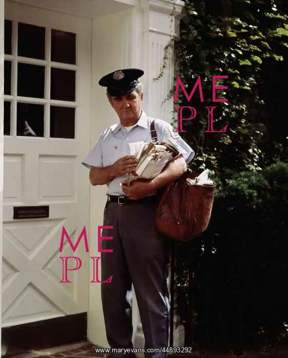 : 1970s Middle Aged Mailman Standing By White Door Sorting Mai : 1970s Middle Aged Mailman Standing By White Door Sorting Mai