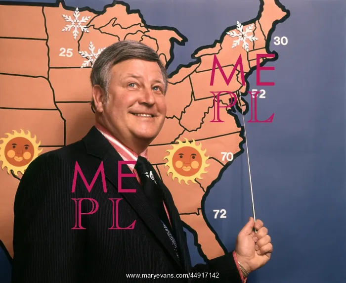 : 1970s Television Weatherman Reporting Pointing to Eastern : 1970s Television Weatherman Reporting Pointing to Eastern