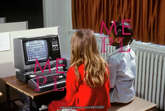: 1980s Two Girls Learning About Computers by Playing on Sc : 1980s Two Girls Learning About Computers by Playing on Sc