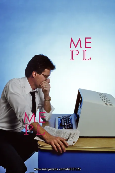 : 1980s Man Sitting at Computer looking Tired Worried : 1980s Man Sitting at Computer looking Tired Worried