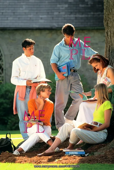 : 1990s Five College Students with Textbooks on Campus Talk : 1990s Five College Students with Textbooks on Campus Talk