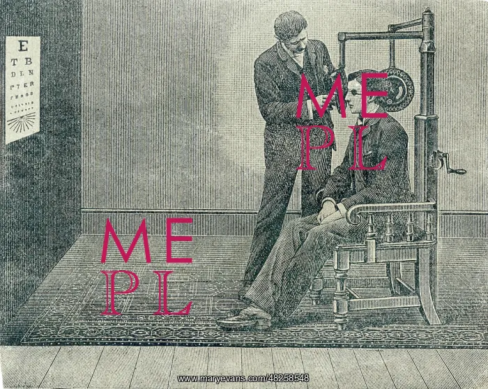 : 19th century Optician testing patient's eyesight : 19th century Optician testing patient's eyesight