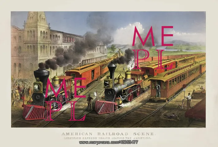: 19th century print showing lightning express trains : 19th century print showing lightning express trains