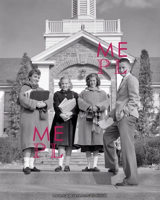 : 4 Teenagers Standing in Front of School Building : 4 Teenagers Standing in Front of School Building