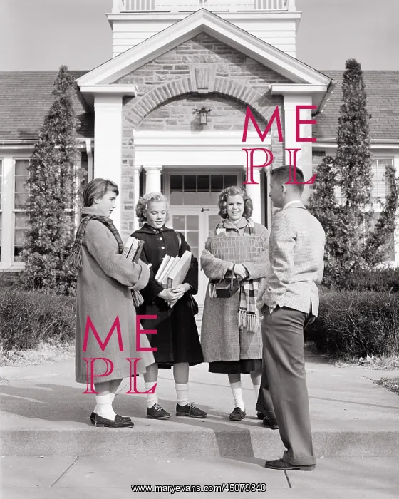 : 4 Teenagers Standing Talking in Front of School : 4 Teenagers Standing Talking in Front of School