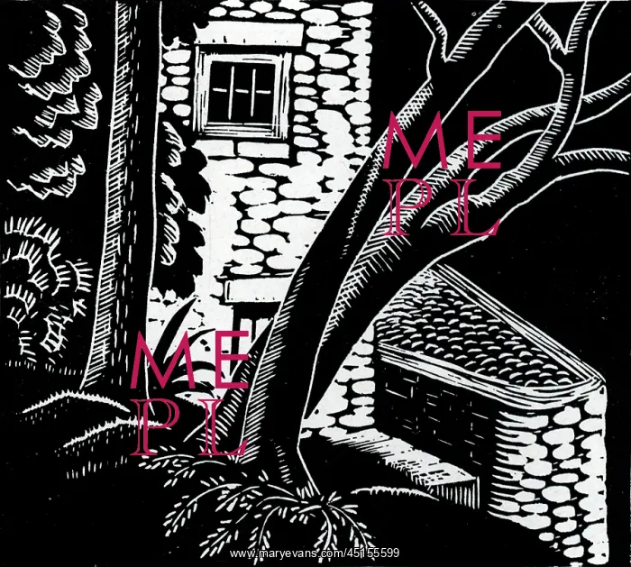 : The Mill. Lino cut showing an old mill covered by a diagonally growing tree : The Mill. Lino cut showing an old mill covered by a diagonally growing tree