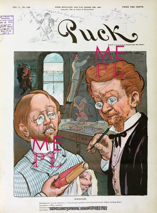 : Enough. Illustration shows two men, one a bookseller questioning a new : Enough. Illustration shows two men, one a bookseller questioning a new