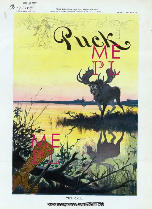 : The call. Illustration shows a moose hunter using a bullhorn labeled Insatiate : The call. Illustration shows a moose hunter using a bullhorn labeled Insatiate
