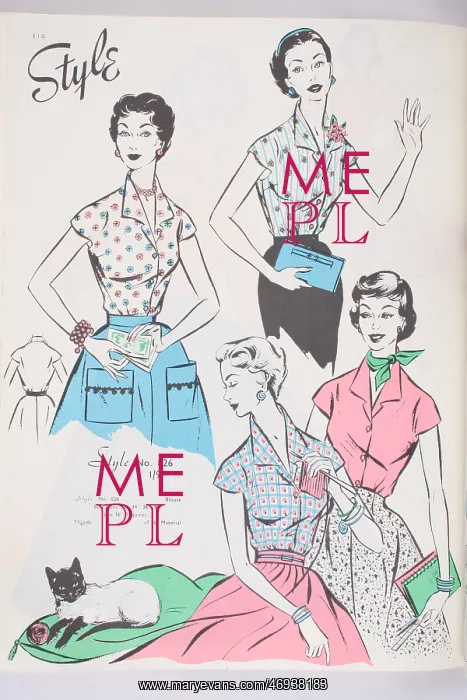: 950s, dress pattern, colour illustration, women's : 950s, dress pattern, colour illustration, women's