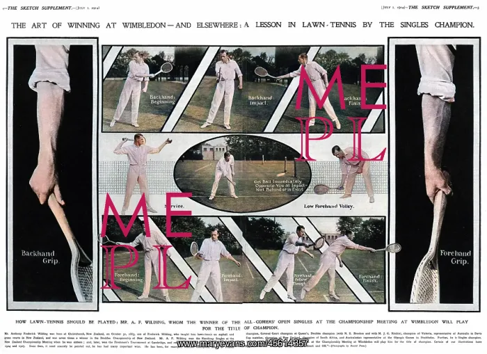 : A. F. Wilding, Wimbledon champ, demonstrates tennis strokes : A. F. Wilding, Wimbledon champ, demonstrates tennis strokes