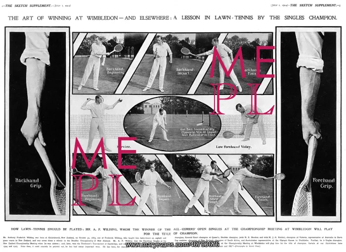 : A. F. Wilding, Wimbledon champ, demonstrates tennis strokes : A. F. Wilding, Wimbledon champ, demonstrates tennis strokes