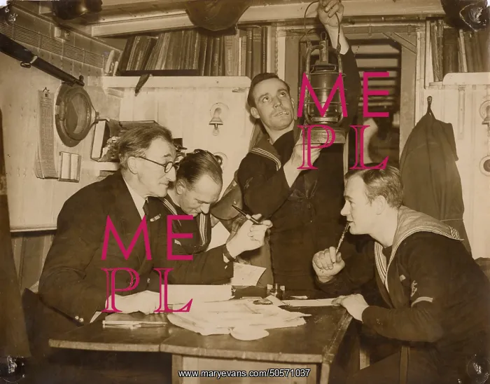 : A. P. Herbert on a riverboat plotting a route with the crew : A. P. Herbert on a riverboat plotting a route with the crew