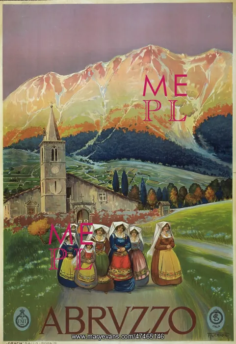 : Abruzzo. Poster showing a group of women in colorful native costume leaving a church : Abruzzo. Poster showing a group of women in colorful native costume leaving a church