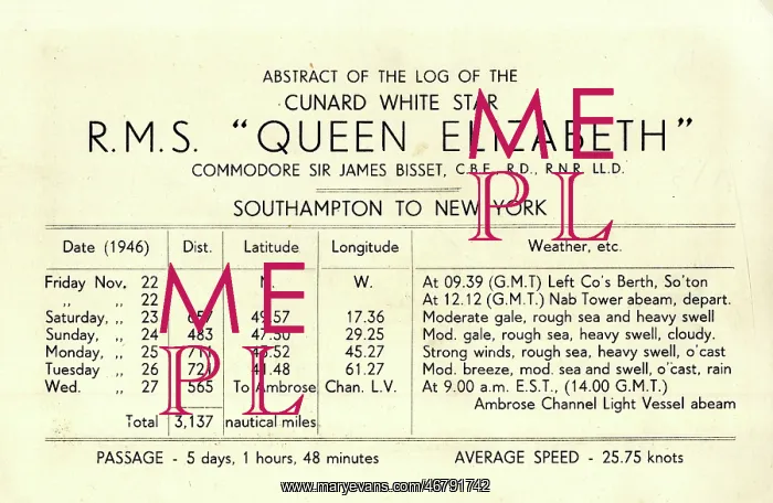 : Abstract of Cunard White Star Log, RMS Queen Elizabeth : Abstract of Cunard White Star Log, RMS Queen Elizabeth