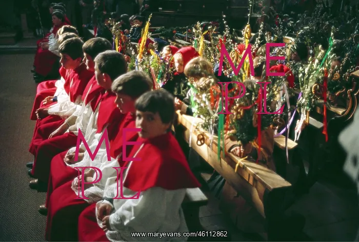 : Acolytes and children with Easter bushes in the : Acolytes and children with Easter bushes in the