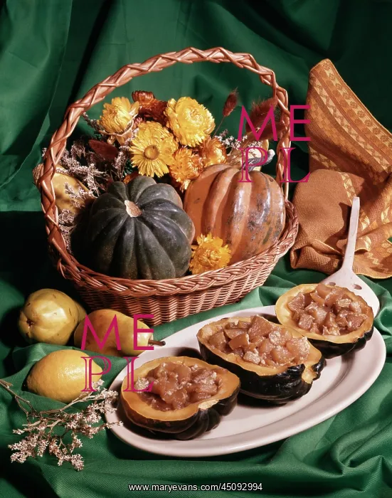 : Acorn Squash with Pear Stuffing Woven Basket of : Acorn Squash with Pear Stuffing Woven Basket of