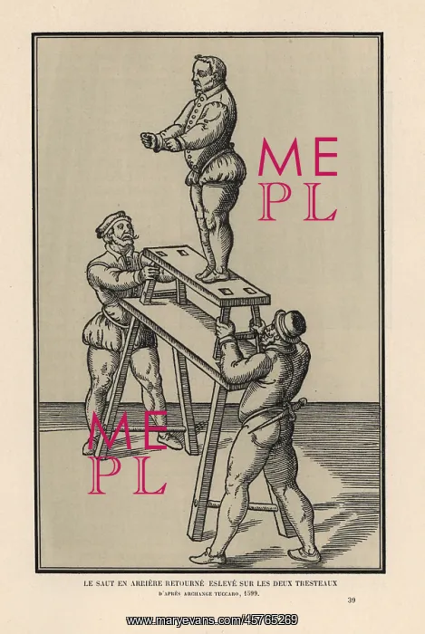: Acrobat performing a backward somersault on two trestles : Acrobat performing a backward somersault on two trestles