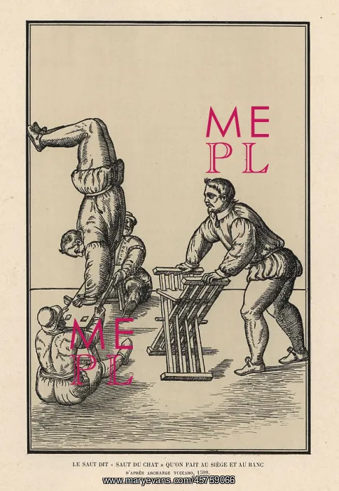 : Acrobat performing somersaults on a chair and bench : Acrobat performing somersaults on a chair and bench