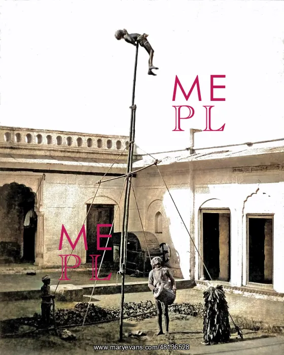 : Acrobat on a pole, with drummer below, India : Acrobat on a pole, with drummer below, India