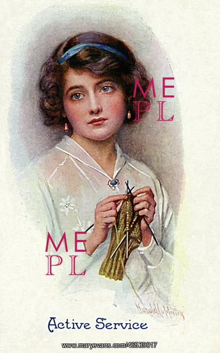 : Active Service - WW1 knitting postcard by Harold Copping : Active Service - WW1 knitting postcard by Harold Copping