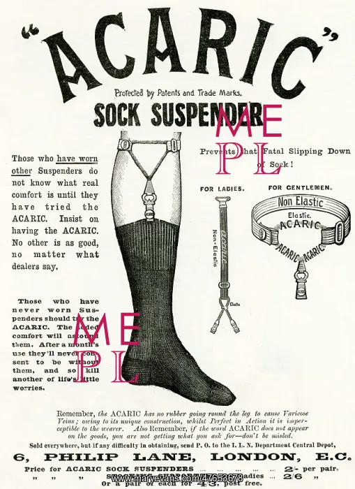 : Advert for Acaric men's sock suspender 1898 : Advert for Acaric men's sock suspender 1898