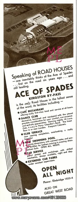 : Advert for Ace of Spades road house 1933 : Advert for Ace of Spades road house 1933