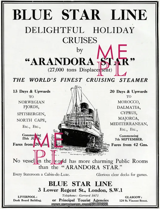 : Advertisement for the Arandora Star cruise ship : Advertisement for the Arandora Star cruise ship