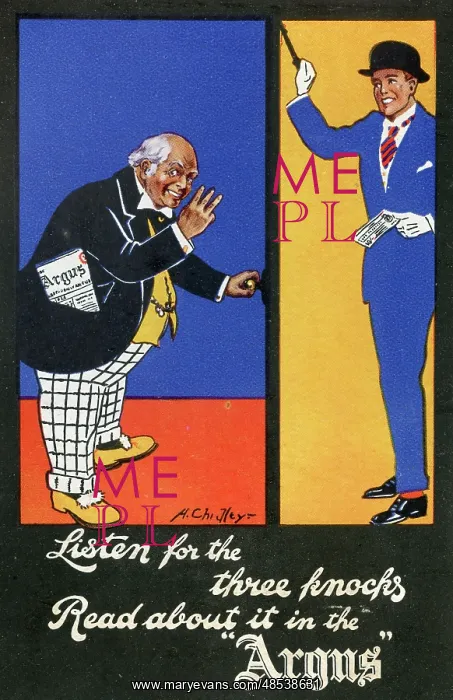 : Advert for The Argus newspaper, Listen for the Three Knocks : Advert for The Argus newspaper, Listen for the Three Knocks