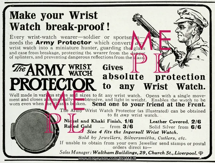 : Advert for the Army wrist watch protector 1916 : Advert for the Army wrist watch protector 1916