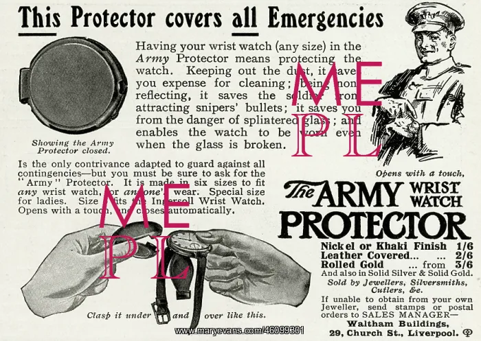 : Advert for The Army wrist watch protector 1916 : Advert for The Army wrist watch protector 1916