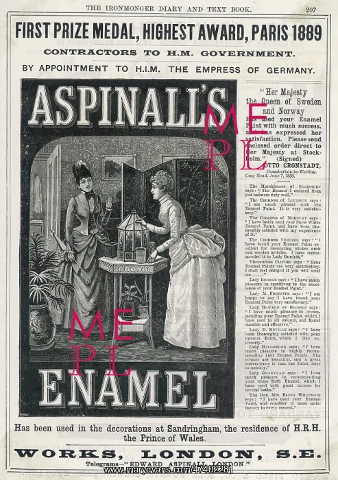 : Advert for Aspinall's Enamel paint 1889 : Advert for Aspinall's Enamel paint 1889