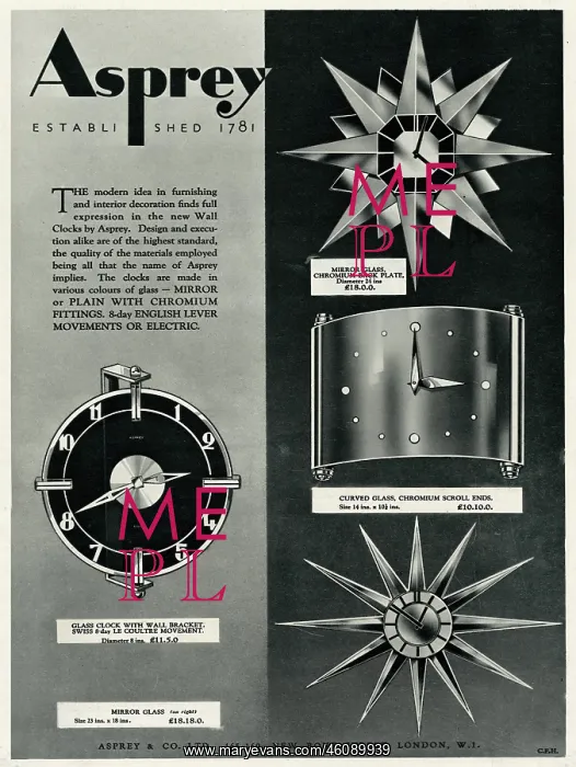 : Advert for Asprey sunburst clocks 1934 : Advert for Asprey sunburst clocks 1934