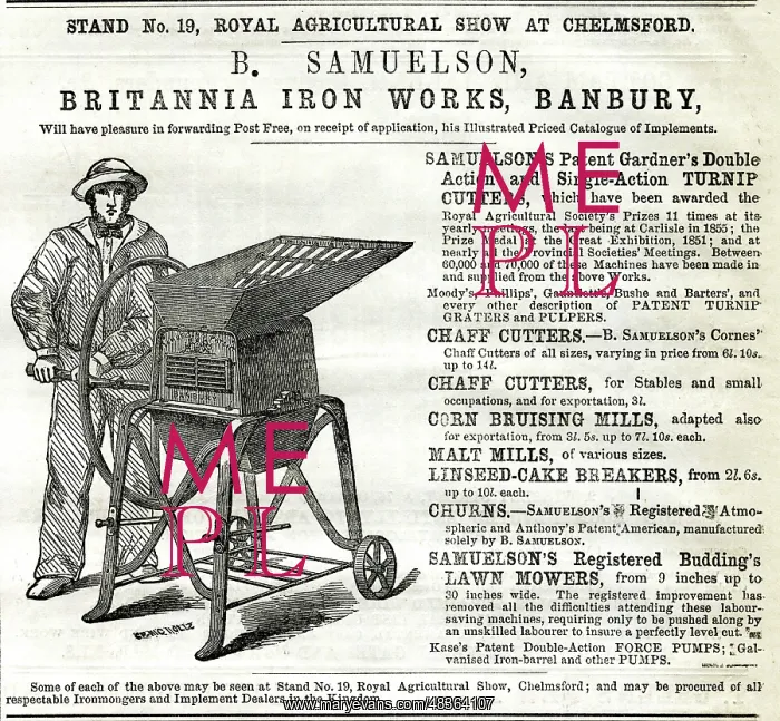 : Advert, B Samuelson, Britannia Iron Works, Banbury : Advert, B Samuelson, Britannia Iron Works, Banbury