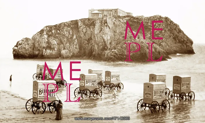 : Advertising Beecham's Pills - bathing machines, Tenby, Wales : Advertising Beecham's Pills - bathing machines, Tenby, Wales