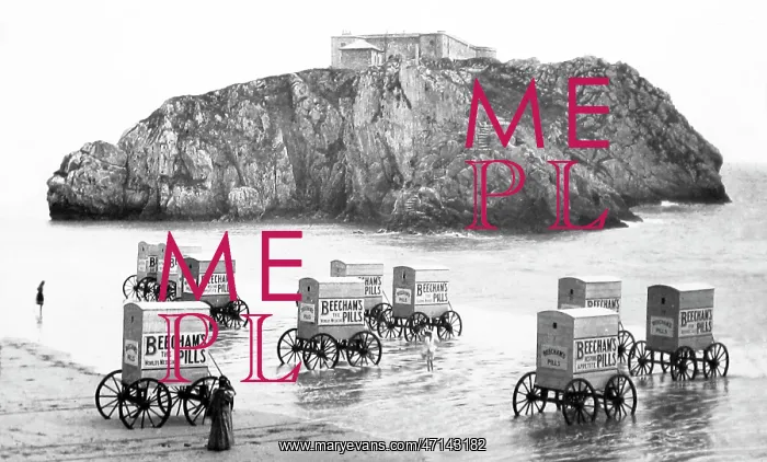 : Advertising Beecham's Pills - bathing machines, Tenby, Wales : Advertising Beecham's Pills - bathing machines, Tenby, Wales