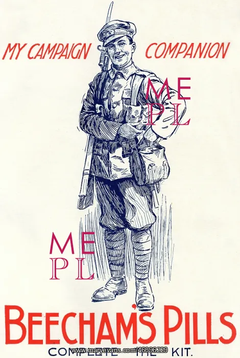 : Advert for Beecham's Pills featuring British soldier 1916 : Advert for Beecham's Pills featuring British soldier 1916