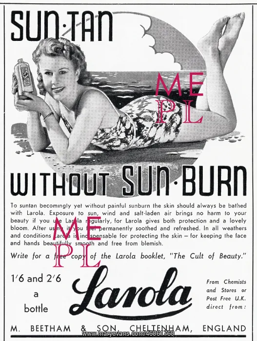 : Advert for Beetham Larola suntan lotion 1940 : Advert for Beetham Larola suntan lotion 1940