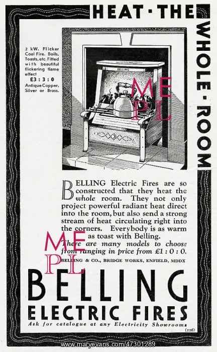 : Advert for Belling eletctric fires 1931 : Advert for Belling eletctric fires 1931
