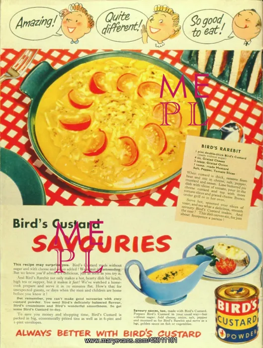 : Advertisement for Bird's Custard, with savouries recipe : Advertisement for Bird's Custard, with savouries recipe