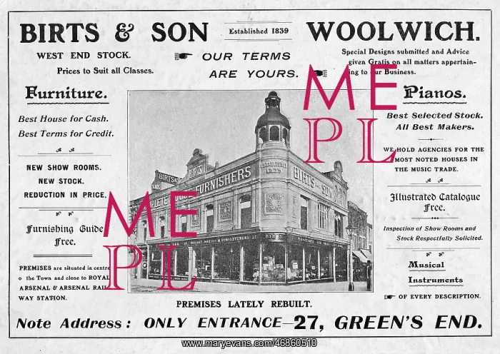 : Advertisement for Birts & Son, Woolwich, SE London : Advertisement for Birts & Son, Woolwich, SE London