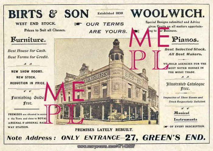 : Advertisement for Birts & Son, Woolwich, SE London : Advertisement for Birts & Son, Woolwich, SE London
