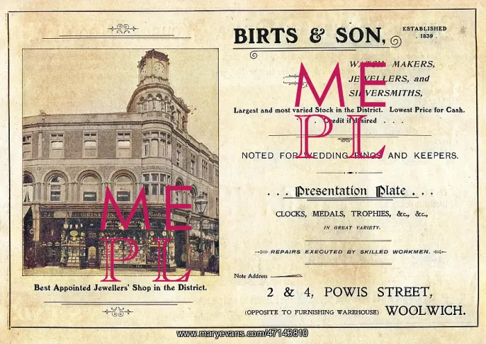 : Advertisement for Birts & Son, Woolwich, SE London : Advertisement for Birts & Son, Woolwich, SE London
