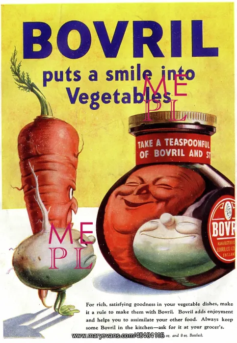 : Advert for Bovril with vegetables, WW2 : Advert for Bovril with vegetables, WW2